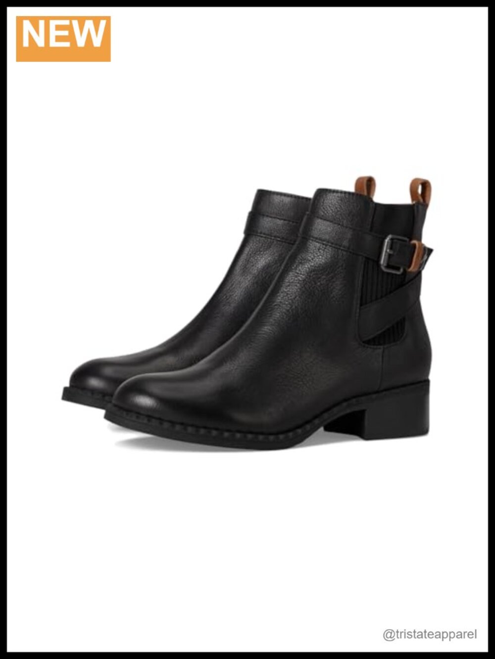 Leather Ankle Bootie with Buckle Strap, Low Block Heel, Zip Closure